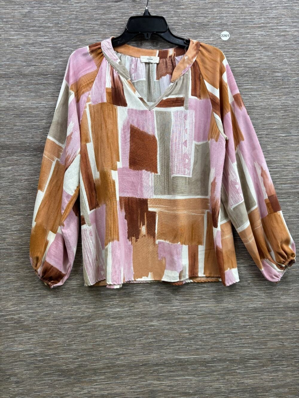 Entro Shirt Women Size S Pink Brown Abstract Print Long Sleeve Boho Oversized